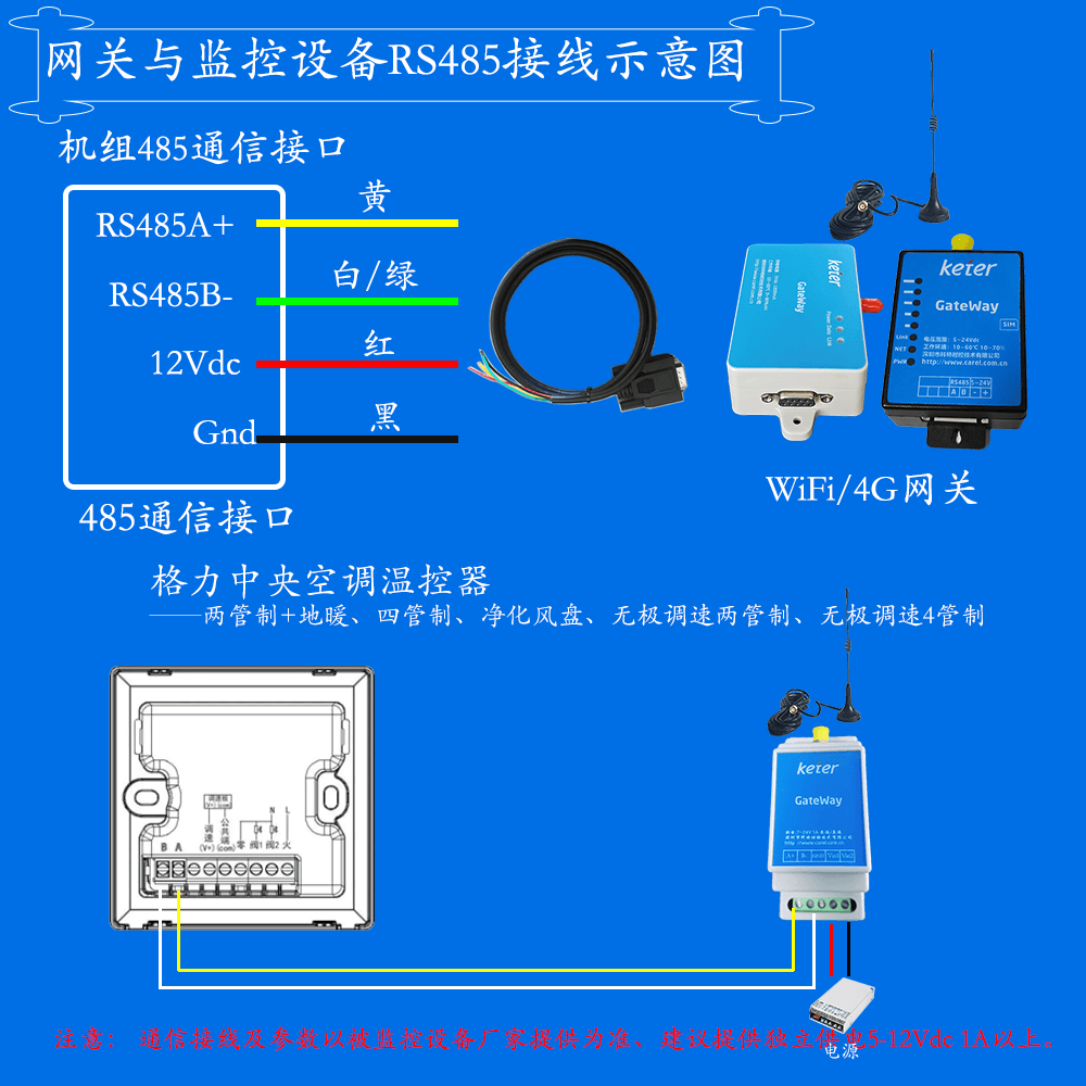 格力中央空调温控器网关安装与接线说明图