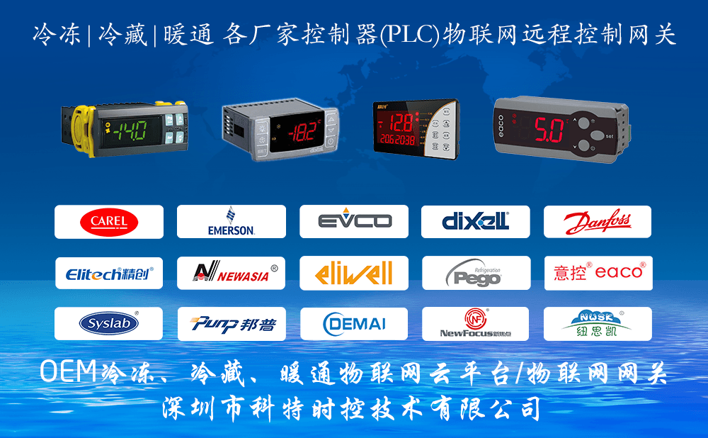 冷冻、冷藏、暖通各厂控制器PLC物联网远程控制网关示意，列出卡乐、艾默生、EVCO、Dixell、丹佛斯、Eliwell、Pego、精创、新亚等控制器品牌